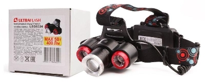 Фонарь налобный аккумуляторный LED5334 3.7В 3LED 5Вт фокус 2 ак. 4 реж. USB бокс черн. Ultraflash 15031