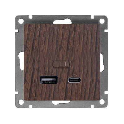 Розетка 2-м USB СП Афина тип А+С 5В 1х2.4А 2х4А механизм венге Universal А0059-V