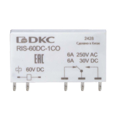 Реле миниатюрное ультратонкое 1CO ком. ток 6А AgSnO2 напряжение 60В DC DKC RIS-60DC-1CO