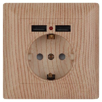 Розетка 1-м СП Solo 4-410-11 P+E Schuko 16А 250В + 2хUSB IP20 с заземл. защ. шторки сосна Intro Б0053720