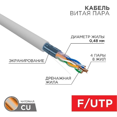 Кабель витая пара F/UTP кат.5e 4PR 24AWG solid PVC INDOOR сер. (уп.305м) LIGHT РФ Rexant 01-0152-R