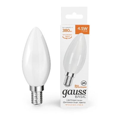 Лампа светодиодная филаментная Basic Filament 4.5Вт Свеча 2700К Е14 380лм milky GAUSS 1035115