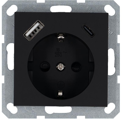 Розетка Shuko 16А с заземл. защ. шторки с 2-мя заряд. устройствами USB тип A+C 25Вт механизм черн. матов. soft touch Jasmart G5501USB-25PB