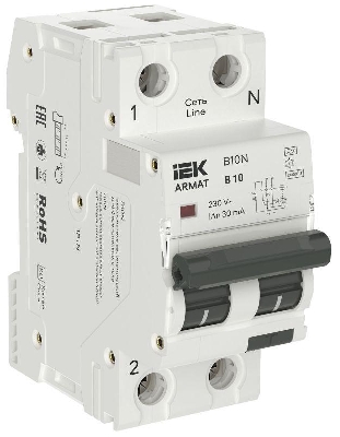Выключатель автоматический дифференциального тока 2п (1P+NP) B 10 30мА тип A АВДТ B10N 36мм ARMAT IEK AR-B10N-1N-B010A030