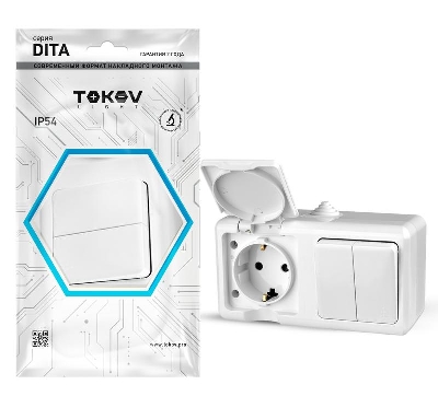 Блок ОП Dita (розетка 16А 250В с заземл. + 2-кл. выкл. 10А) IP54 бел. TOKOV ELECTRIC TKL-DT-V2RZ-C01-IP54