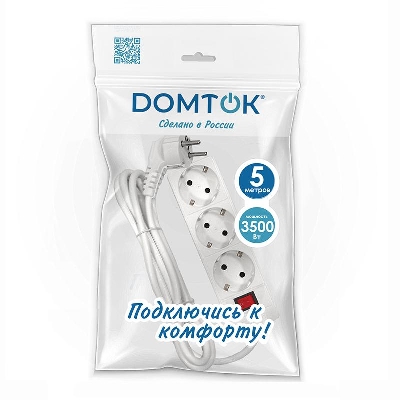Удлинитель 3х5м с заземл. 16А IP20 3.5кВт ПВС 3х1 с выкл. бел. DOMTOK 2382