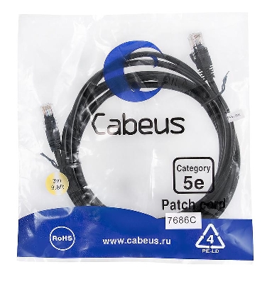 Патч-корд U/UTP кат.5E PC-UTP-RJ45-Cat.5e-3m-BK 2xRJ45/8p8c неэкранир. PVC 3м черн. Cabeus 7686c
