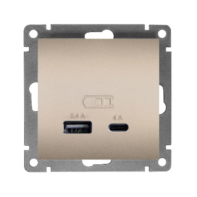 Розетка 2-м USB СП Афина тип А+С 5В 1х2.4А 2х4А механизм шампань Universal А0059-Br