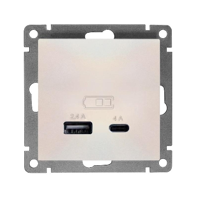Розетка 2-м USB СП Афина тип А+С 5В 1х2.4А 2х4А механизм жемчуж. Universal А0059-OBr