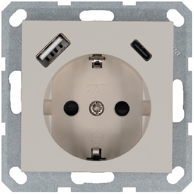 Розетка Shuko 16А с заземл. защ. шторки с 2-мя заряд. устройствами USB тип A+C 25Вт механизм тауп Jasmart G5501USB-25T