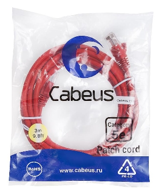 Патч-корд U/UTP кат.5E PC-UTP-RJ45-Cat.5e-3m-RD-LSZH 2xRJ45/8p8c неэкранир. LSZH 3м красн. Cabeus 9516c
