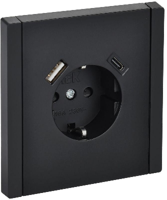 Розетка FORTE&PIANO FP147 16А USB A+C 18Вт с заземл. защ. шторки винт. крепл. черн. IEK FP-R14-16-U22-018-K02