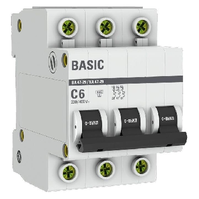 Выключатель автоматический модульный 3п C 6А 4.5кА ВА 47-29 Basic EKF mcb4729-3-06C
