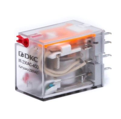 Реле миниатюрное промышленное общего назначения 4CO ком. ток 6А AgSnO2 напряжение 24В AC опция: тест-кнопка+светодиод DKC IR-24AC-4CO-D