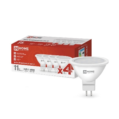 Лампа светодиодная LED-JCDR-VC 4PACK 11Вт 230В GU5.3 4000К 990лм (уп.4шт) IN HOME 4690612047942