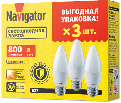 Лампа светодиодная 95 322 NLL-C37-8-230-2.7K-E27-FR-PACK3 NAVIGATOR 95322