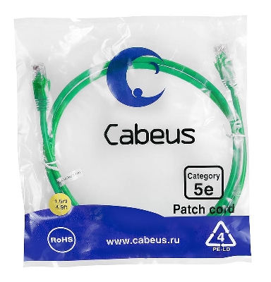 Патч-корд U/UTP кат.5E PC-UTP-RJ45-Cat.5e-1.5m-GN-LSZH 2xRJ45/8p8c неэкранир. LSZH 1.5м зел. Cabeus 9506c