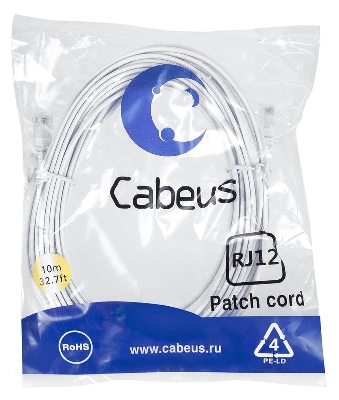 Патч-корд телефонный PC-TEL-RJ12-10m 2х6р4с PVC 10м бел. Cabeus 7892c