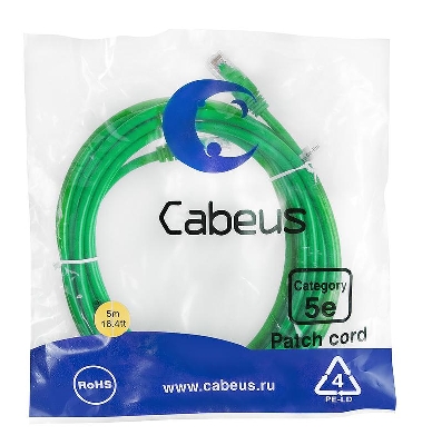 Патч-корд U/UTP кат.5E PC-UTP-RJ45-Cat.5e-5m-GN 2xRJ45/8p8c неэкранир. PVC 5м зел. Cabeus 7457c