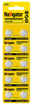 Элемент питания алкалиновый "таблетка" 95 671 NBT-14 (LR54 AG10 LR1130 BP10) (блист.10шт) Navigator 95671