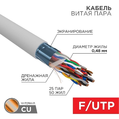 Кабель витая пара F/UTP кат.5e 25PR 24AWG solid ZH нг(А)-HF (LSZH) INDOOR сер. (м) РФ Rexant 01-1206-R