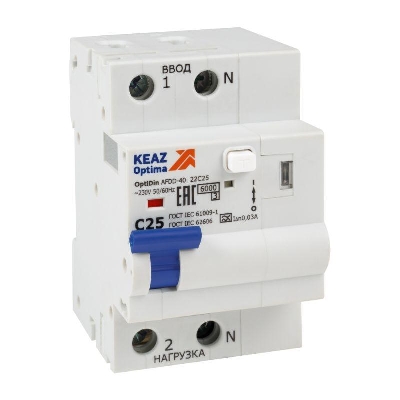 Устройство защиты от дугового пробоя с АВДТ и защ. от пов. напряж. OptiDin AFDD-40-22C25-A-У3 (2P C25 30mA Uоткл 275В) КЭАЗ 339089