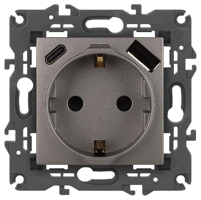 Розетка Elegance 14-4108-16 16A 250В 2P+E защ. шторки с USB type-A+C 3А 5В титан Эра Б0067695