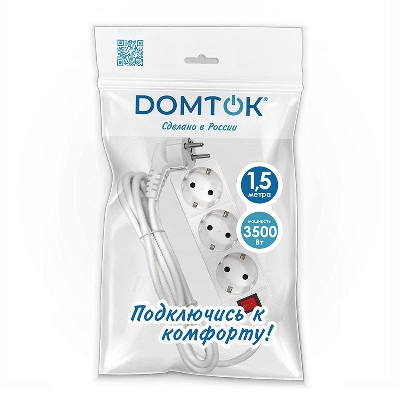 Удлинитель 3х1.5м с заземл. 16А IP20 3.5кВт ПВС 3х1 с выкл. бел. DOMTOK 2379