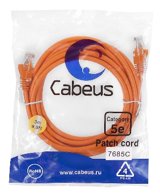 Патч-корд U/UTP кат.5E PC-UTP-RJ45-Cat.5e-3m-OR 2xRJ45/8p8c неэкранир. PVC 3м оранж. Cabeus 7685c