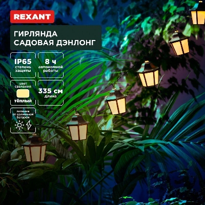 Гирлянда садовая Дэнлонг 3000К встроен. аккумулятор солнечная панель коллекция Пекин Rexant 602-2430