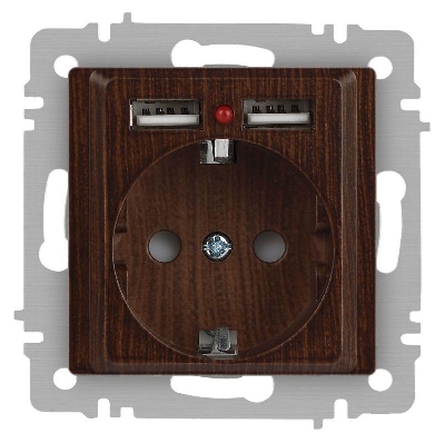 Розетка 1-м СП Accent 6-410-10 16А IP20 250В P+E Schuko + 2хUSB защ. шторки венге Intro Б0063717