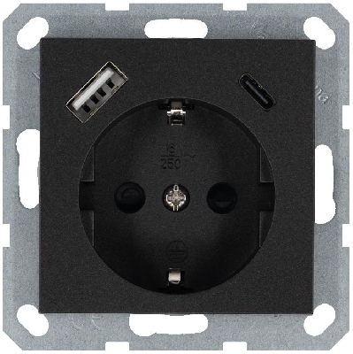 Розетка Shuko 16А с заземл. защ. шторки с 2-мя заряд. устройствами USB тип A+C 25Вт механизм антрацит Jasmart G5501USB-25B