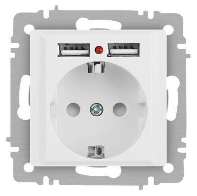 Розетка 1-м СП Accent 6-410-01М 16А IP20 250В P+E Schuko защ. шторки + 2хUSB бел. матов. Intro Б0063691