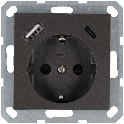 Розетка Shuko 16А с заземл. защ. шторки с 2-мя заряд. устройствами USB тип A+C 25Вт механизм мокко Jasmart G5501USB-25Z