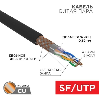 Кабель витая пара SF/UTP кат.5e 4х2х0.51 24AWG solid PE OUTDOOR медь наружн. прокл. черн. (м) Rexant 01-0344