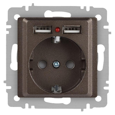 Розетка 1-м СП Accent 6-410-08 16А IP20 250В P+E Schuko + 2хUSB защ. шторки бронза Intro Б0063704