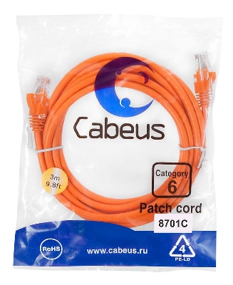 Патч-корд U/UTP кат.6 PC-UTP-RJ45-Cat.6-3m-OR 2xRJ45/8p8c неэкранир. PVC 3м оранж. Cabeus 8701c