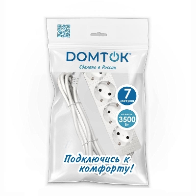 Удлинитель 4х7м с заземл. 16А IP20 3.5кВт ПВС 3х1 бел. DOMTOK 2398