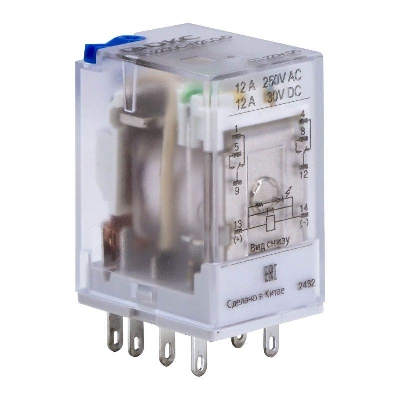 Реле миниатюрное промышленное общего назначения с норм. срабатыванием 0.6UN 2CO ком. ток 12А AgSnO2 напряжение 220В DC опция: тест-кнопка+светодиод+защитный диод DKC IR-220DC-W2CO-D