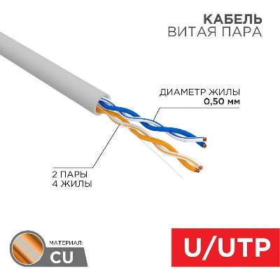 Кабель витая пара U/UTP кат.5E 2х2х24AWG solid CU PVC сер. (м) Rexant 01-0023