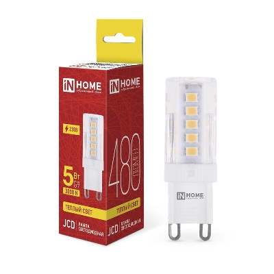 Лампа светодиодная LED-JCD 5Вт 230В G9 3000К 480лм IN HOME 4690612059020