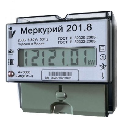 Счетчик Меркурий 201.8 1ф 5-80А класс точн. 1.0 1 тариф. на DIN-рейку ЖКИ Инкотекс 00000032681