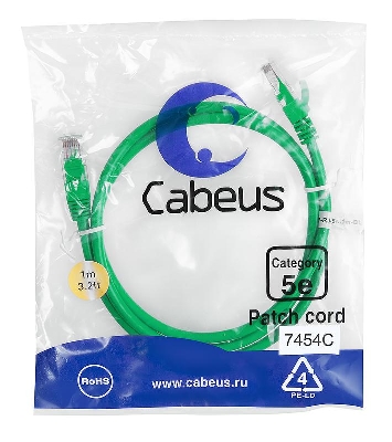 Патч-корд U/UTP кат.5E PC-UTP-RJ45-Cat.5e-1m-GN 2xRJ45/8p8c неэкранир. PVC 1м зел. Cabeus 7454c