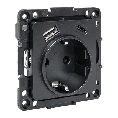 Розетка 1-м СП Стокгольм 16А USB A+C с заземл. защ. шторки винтов. клеммы механизм черн. EKF EZR16-2USB-typeA-typeC