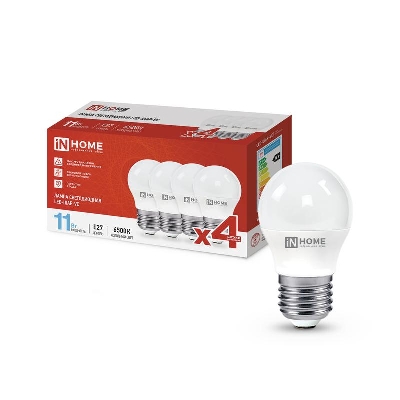 Лампа светодиодная LED-ШАР-VC 4PACK 11Вт 230В E27 6500К 1050лм (уп.4шт) IN HOME 4690612047898