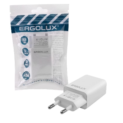 Адаптер сетевой 1USB 100-220В 5-9В/2А пакет бел. Ergolux 15203