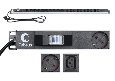 Блок розеток для 19дюйм шкафов PDU-16-10S-10C13-B вертик. 10 розеток Schuko 10 розеток IEC 320 C13 16А автомат защиты алюм. корпус шнур с вилкой Schuko 2м Cabeus 9552c