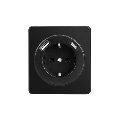 Розетка 1-м СП ROUND MIELE 16А с заземл. защ. шторки с USB A+C быстрой зарядки 5В/3А оникс Kranz KR-78-0704-3