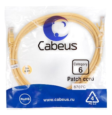 Патч-корд U/UTP кат.6 PC-UTP-RJ45-Cat.6-2m-YL 2xRJ45/8p8c неэкранир. PVC 2м желт. Cabeus 8707c