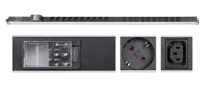 Блок розеток для 19дюйм шкафов PDU-16-10S-10C13-B-T вертик. 10 розеток Schuko 10 розеток IEC 320 C13 16А автомат защиты алюм. корпус клем. колодка 9550c